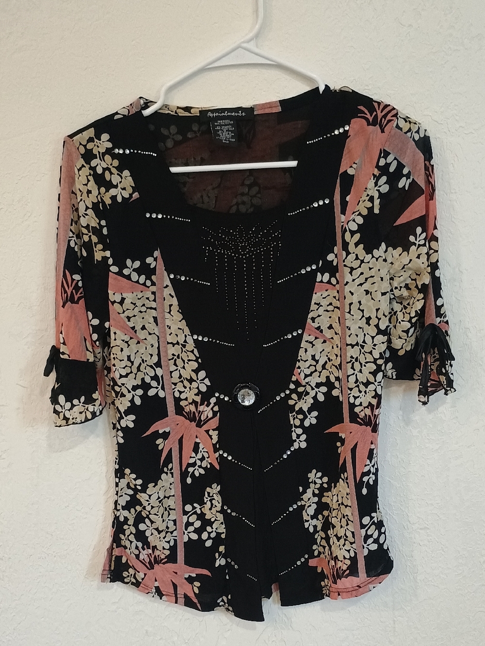 Black Floral Short Sleeve Blouse with Peach Accents - Apparenza